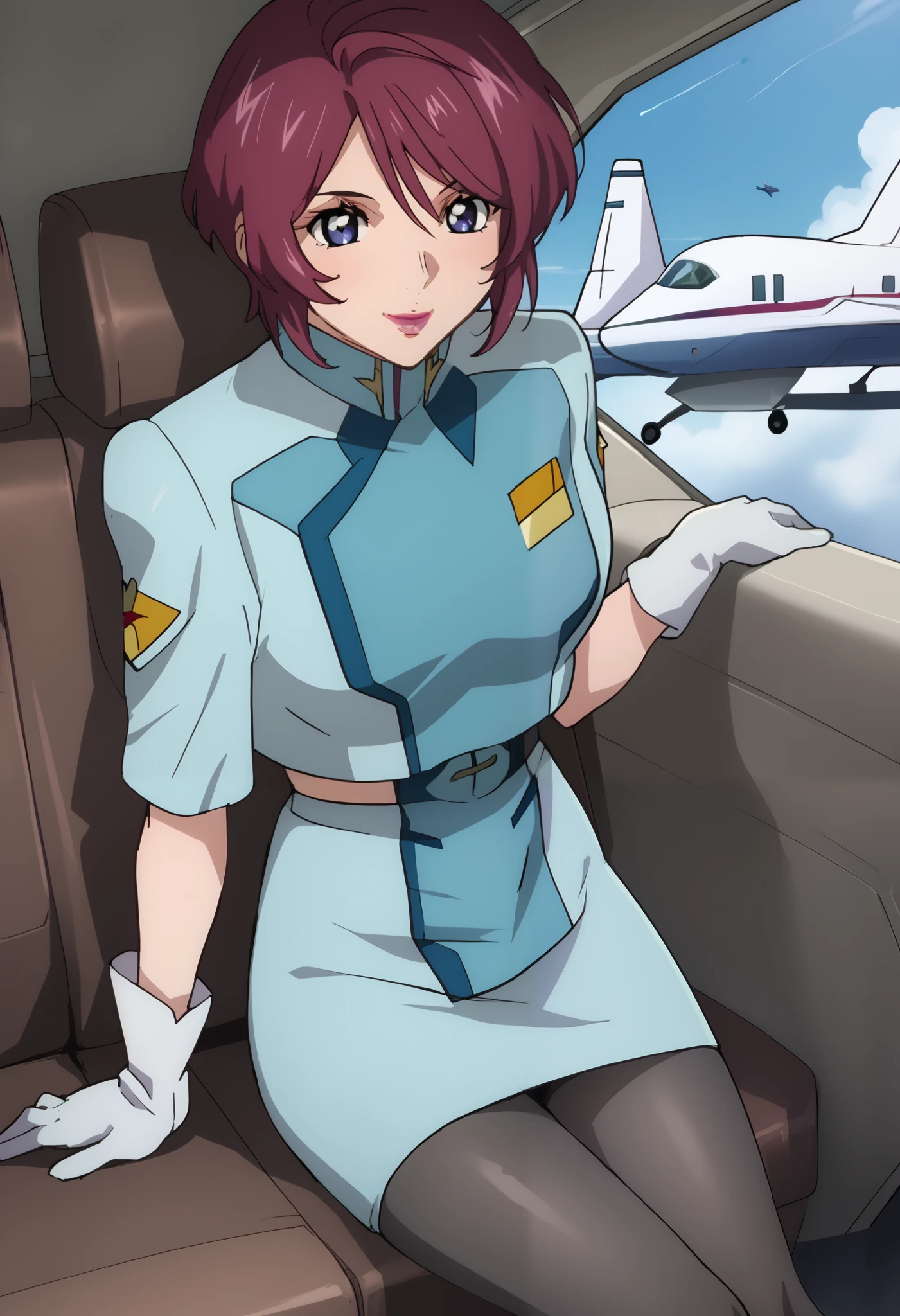 Alone, ,Lunamaria、 1 girl 、solo、 blue eyes、Red Hair、 short hair 、 、Purple lipstick、, uniform, dress, blue jacket , cropped jacket,  white gloves,  tight skirt that sits at the crotch, blue skirt,black pantyhose in-flight、Passageway inside an airplane、smile、 flight attendants、blush