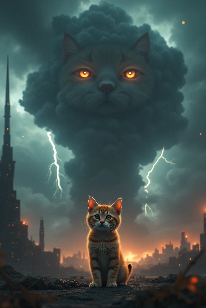  A huge disaster that reaches the sky 々 The cutest brown tiger pattern kitten in the world standing in front of a black spire、((Realistic:1.3))、 dark clouds are set in the sky and there are many streaks of lightning running 、Cinematic lighting、Ridiculously impressive 、Like a movie、Hellish landscape、Illustration of a dark tower 、The face of the cutest black kitten in the world all over the sky 