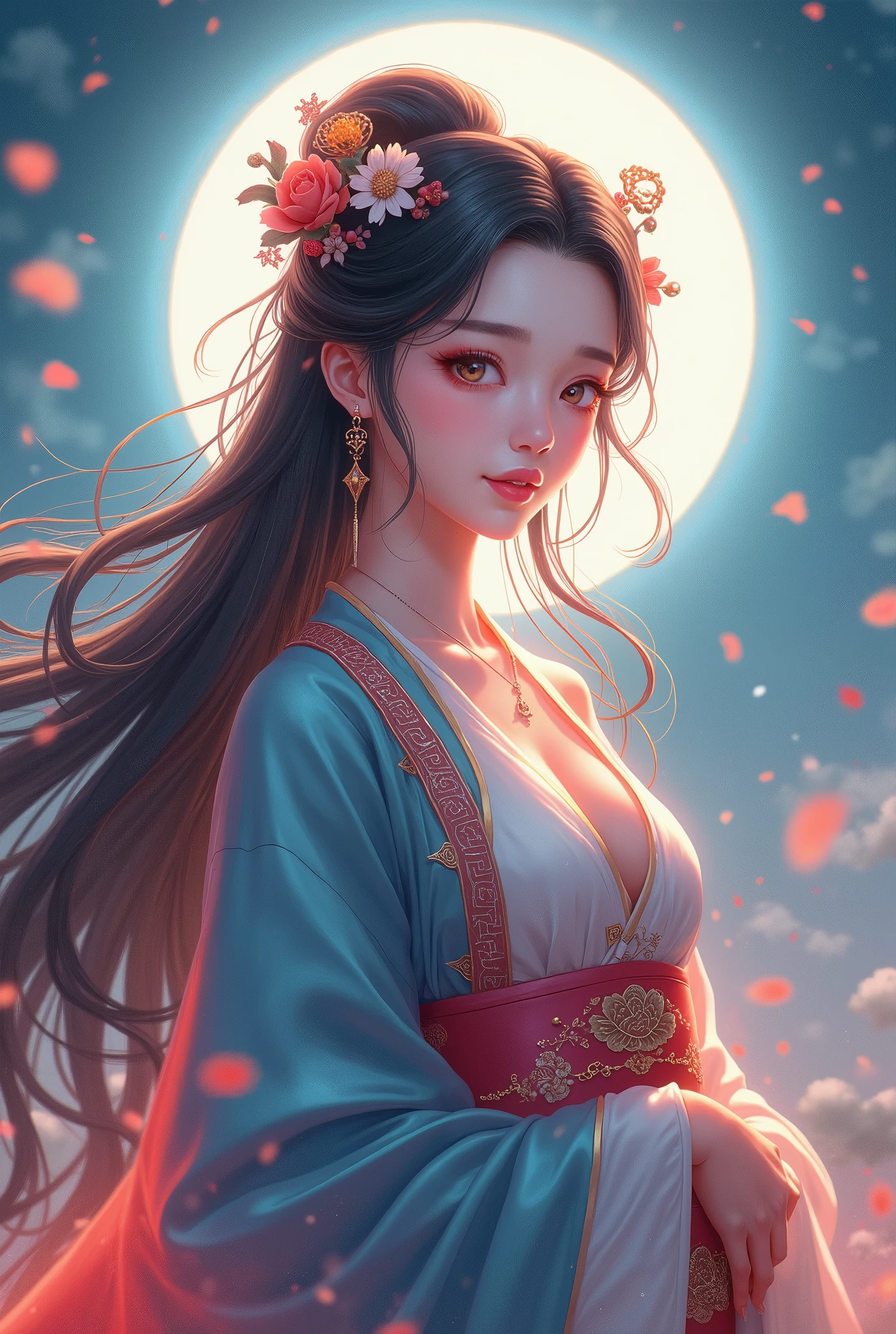  beautiful女性,  long hair on background, The greatest goddess, Beautiful,  beautiful, Open the top slightly, earrings, Chinese style costume, blue red,  facing the front,  high image quality,  Masterpiece, 8k high resolution,  anime style , 