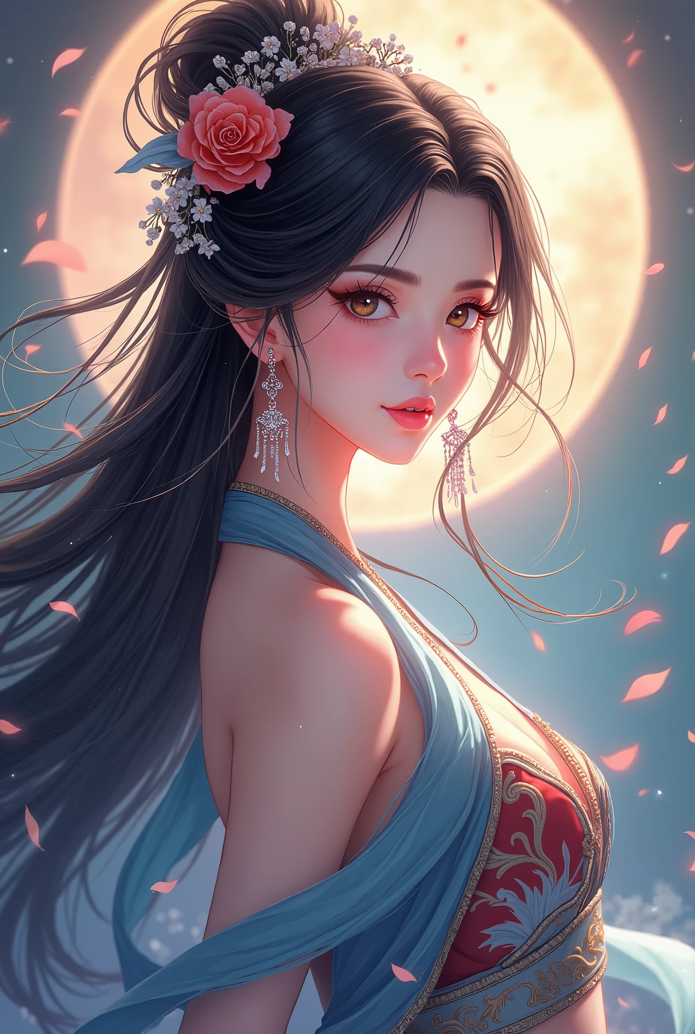  beautiful女性,  long hair on background, The greatest goddess, Beautiful,  beautiful, Open the top slightly, earrings, Chinese style costume, blue red,  facing the front,  high image quality,  Masterpiece, 8k high resolution,  anime style , 