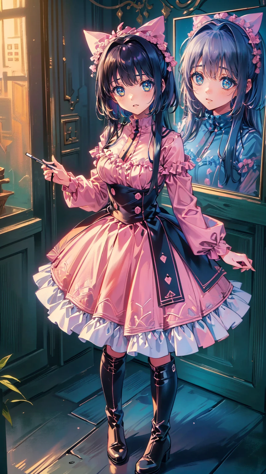 (    masterpiece    : 1.2), (    very detailed bust: 1.2), (    very detailed bust CG: 1.2), (    high image quality: 1.2), (最    high image quality), 8k,     Animated Illustration ,   、    beautiful girl、とてもcute天使、   Standing in front of the front door wearing a pink gothic dress 、cute、、smile、    Long Skirt、 Black long boots 、