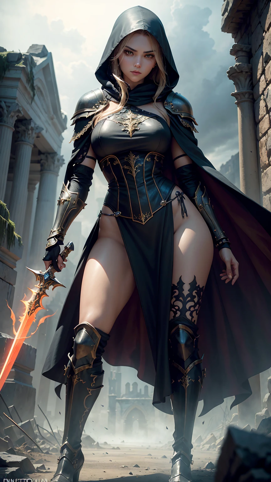 (full body image:2), 1Princess Zelda+standing, (large breasts:1.5), (she's wearing the Mortal Kombat Scorpion costume+black suit+yellow parts:1.3), (she's inside a graveyard tonight, raining heavily:1.5), (she's got blue eyes:1.2), (she's got short green hair:1.2), (she's looking at the viewer, doing erotic poses:1.3), holding a Katana, attached to a chain, she is nervous, Eye-Level Shot, Mortal Kombat Style, 16k, best quality, high detail, UHD, masterpiece, anatomically correct