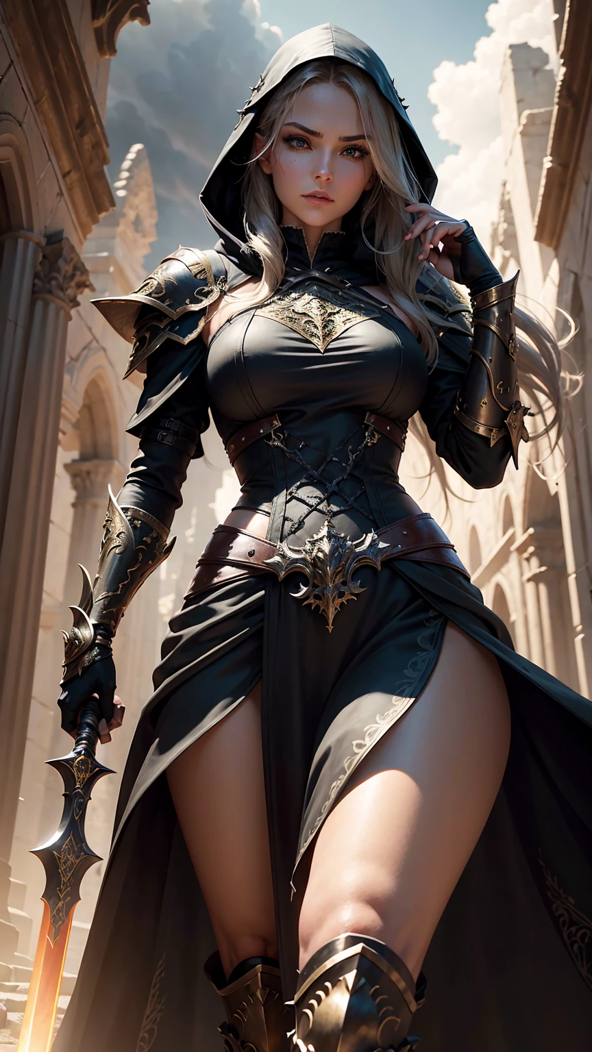 (Canon EOS 5D Mark IV:1.2), (obra-prima: 1.2), (melhor qualidade: 1.2), (altamente detalhado: 1.3), (detalhe intrincado), (capturing every exquisite detail:1.2), alta resolução, best illustration, perfect  lighting, floresta, monstros guerreiros, brisa do vento, corpo inteiro, (((full body))), Green Iris, olhos perfeitos, rosto perfeito, mulher com a boca fechada, olhos detalhados, fundo detalhado, fotorrealista, (foco nítido: 1.2),(colorful tattoo on her arm:1.1), ((looking-into-camera: 1.2)), solo, 1 garota, Mature female on a battlefield, femea glamurosa na batalha, anatomia humana perfeita, femea com o corpo magro e forte, pernas perfeitas, perfect arms, ((realistic hands: 1.3)) cabelo platinado absurdamente longo, braid in hair, roupas femininas, armadura , armadura, saia de couro, liga leve, luvas, decote chamativo, looking , linhas corporais sensuais, humanlike hands, corpo feminino atraente, (armadura  e elegante: 1.2), bota feminina, Green Iris, olhando para o espectador, perfect  lighting, fantasia detalhada, Epic Realism