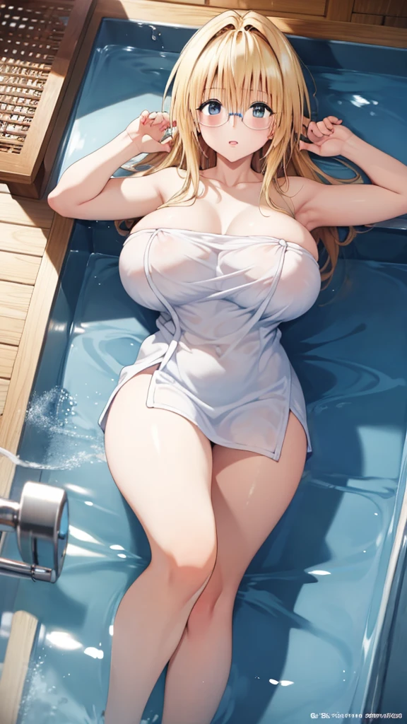 Tearje、Blonde、Glasses、 bath towel 、 super huge tits、 lying on your back 