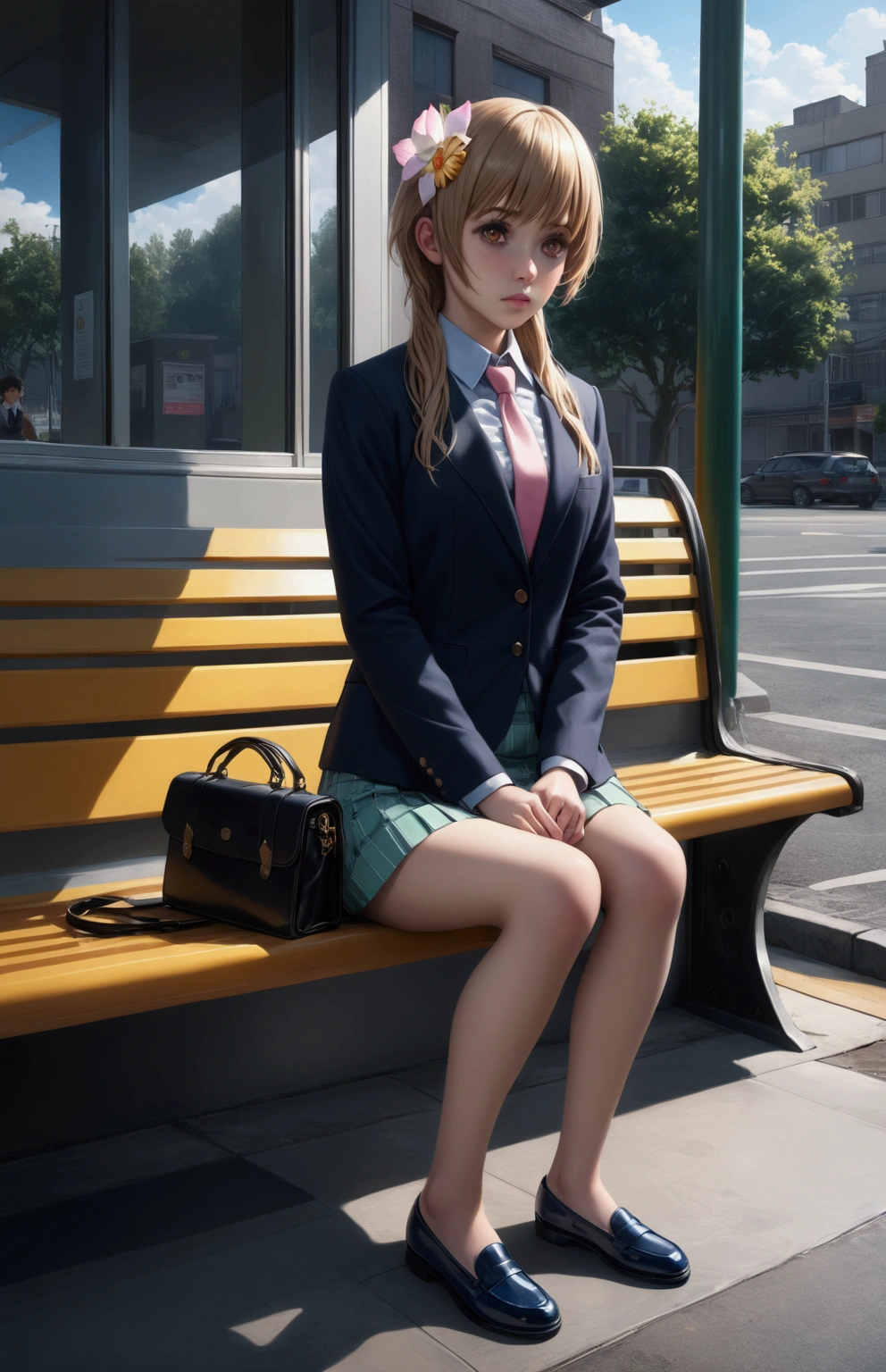 young woman, {Tachibana Marika, brown eyes, hair ornament, hair flower, light brown hair, short hair with long locks, bangs}, sitting, waiting a bus, green bus stop, navy-blue long sleeves blazer, pink collared undershirt, navy-blue necktie, navy-blue pencil mini skirt, black flat shoes, black bag, BREAK, (1girl, solo, full body), (best quality,4k,8k,highres,masterpiece:1.2),ultra-detailed,(realistic,photo-realistic:1.37),cinematic lighting,moody lighting,dramatic shadows,vibrant colors, (expressive eyes, perfect face, perfect anatomy), brighter lighting
