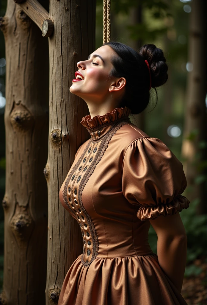 (realistic photograph close up sideways cheerful) (a big bust slender waist pleased beautiful sexy looking woman having an orgasm with (victorian hair bun)), (she is wearing (an exaggerated elaborate shiny high neck dress with (extremely big puff sleeves), (and a narrow very high reaching up to her cheeks stand-up collar) (with a gigantic ruffle on top of the collar reaching to the top of her head), (and an extremely big skirt), (she has her hands behind her back)++++, (she is hanging on a wooden beam gallows platform)