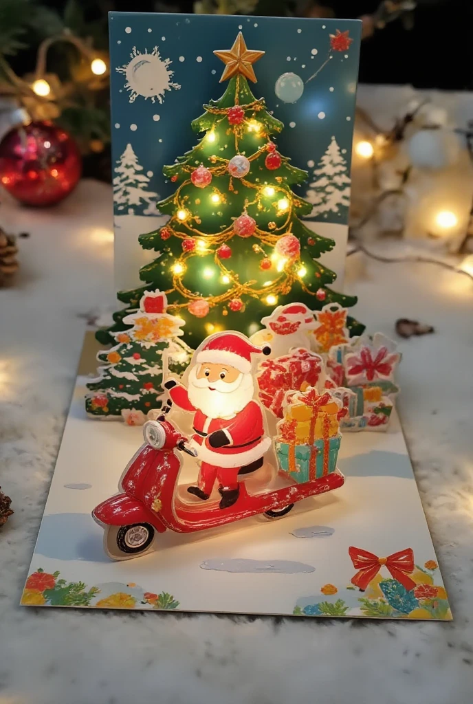  Santa riding a scooter ， car with a gift box ，Cartoon-style images, Set in a 24th century . In the background,  A Christmas tree and a winter landscape ， surrounded by Christmas lights and ornaments.,,Cardboard art engraving