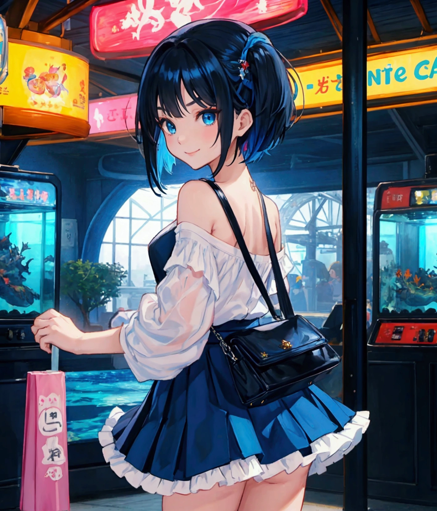 oil painting, Like a game cover、background（aquarium、amusement park、people々There is、Date Scene、blue and black contrast）、 pose（ looking back）、 character（Tree Eyes、Mean face、 red eyeliner that makes a striking impression、 ,Sparkling blue eyes、smile）、Hairstyle（ medium hair,  black and blue hair）、clothing（  white shirt and light blue ruffle skirt）、item（pink shoulder bag ）、scene（whole body）