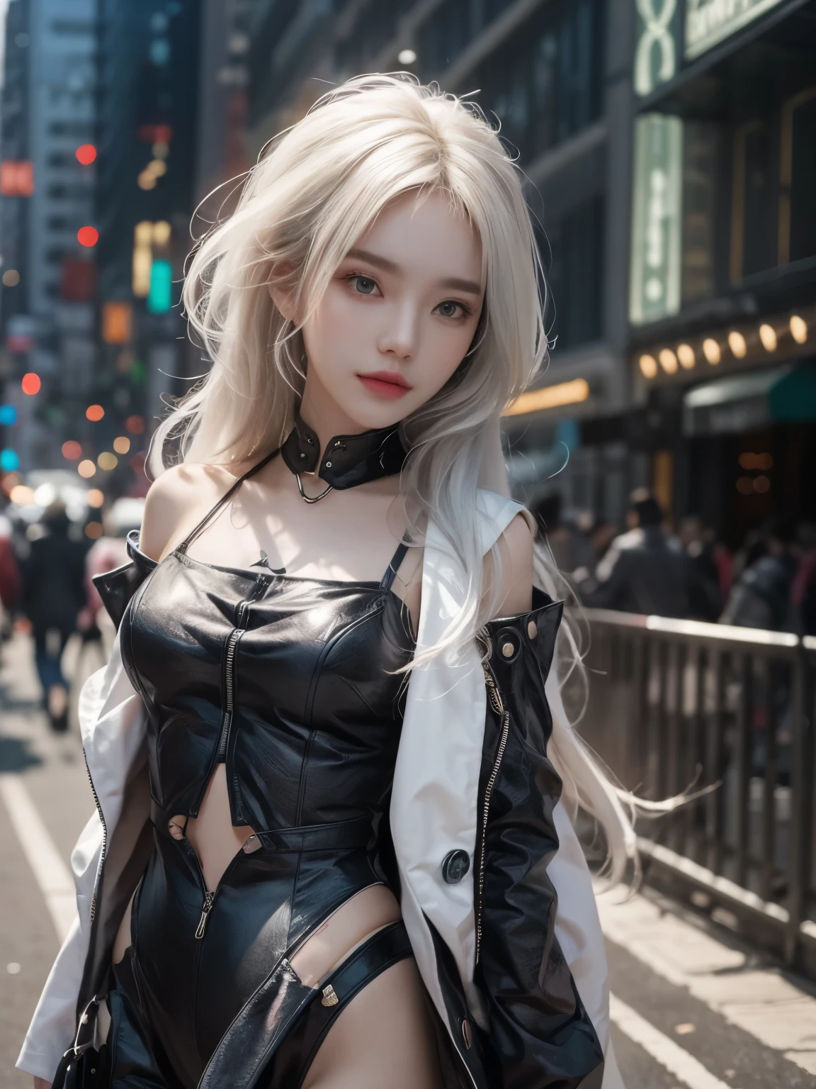 Close-up of woman with white hair and white mask、beautiful character painting、guweiz、Guweiz style artwork、white haired god、Jan J、epic exquisite character art、Stunning character art、Fanchy、Uzunsifan、guweiz from pixiv art station,Faces of reality,Real people,Photo Quality,Images of real people captured by a camera,Shoot from the waist up,Live-action feeling,Fairly light clothing,see-through underware,A thin costume made of cotton that shows the skin underneath.,