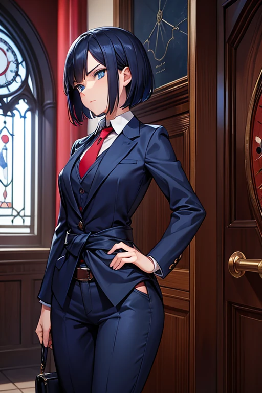  One Beautiful Girl 　Shows up to the waist　 dark blue bob hair　 blue eyes　Glare　 dark blue suit 　 navy blue pants　 red tie 　The interior of a gothic clock tower　gear