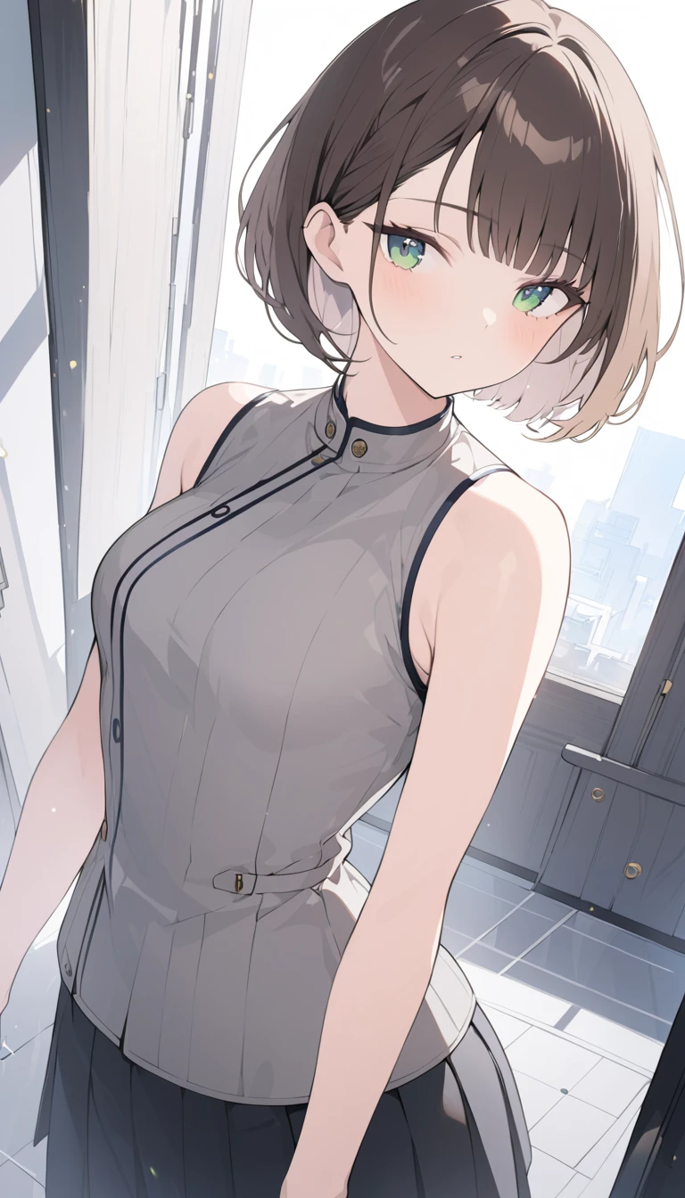 (Top quality line drawing,( Surprisingly Absurd )),(masterpiece:1.2), Captivating eyes, Perfect Proportions,超 high definition ,  attention to detail,  High Quality ,  high definition , 最 High Quality ,  cute girl,Brown Hair, bob cut, green eyes, chest , black tights , zitoida,Grey vest,gray skirt,