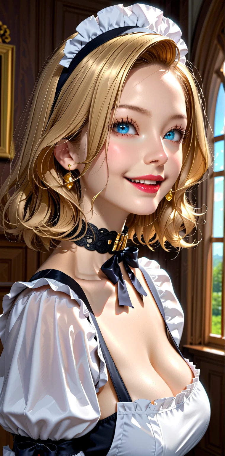 A pretty maid. best quality, masterpiece, gold blond hair, sky blue eyes, wearing a steriotypical French maid outfit, (headdress、white blouse、black ribbon、White Apron、ruffle skirt、puff sleeves、collar、choker、apron with fine ruffles：1.3)、black maid costume). looking up, upper body,hair strand,Fair skin, Large chest,. Adorable, mature Woman,detailed big-eyed woman, round face. promenent red lips. Smileing,In the mansion library, large ass, Picture from the side,looking at the scenes, intense colors, Very valuable details, complex details, volumetric lighting, digital art, 8k, trending on Artstation, Clear focus, complex details, highly detail, Greg Rutkowski Big Eyes, high-resolution, flaxen-gold-hair. Laura Vandervoortr., attractive chest, .Photorealistic. Confidence, self esteem, assertiveness, dominance. wide Amused smile. Sultry expression. , Cleavage. Perky bosum. Laura Vandervoort, (((((hardcore sex)))))