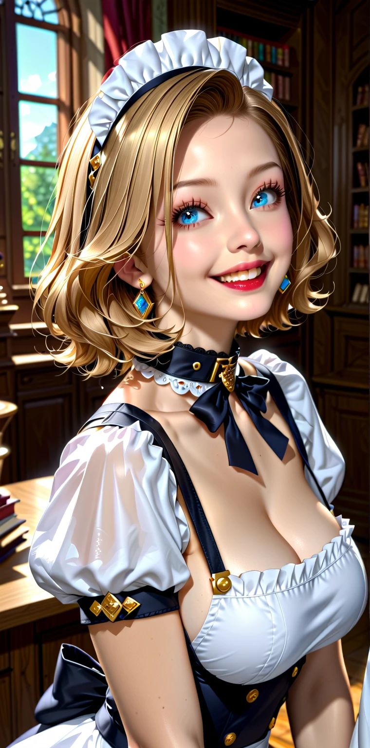 A pretty maid. best quality, masterpiece, gold blond hair, sky blue eyes, wearing a steriotypical French maid outfit, (headdress、white blouse、black ribbon、White Apron、ruffle skirt、puff sleeves、collar、choker、apron with fine ruffles：1.3)、black maid costume). looking up, upper body,hair strand,Fair skin, Large chest,. Adorable, mature Woman,detailed big-eyed woman, round face. promenent red lips. Smileing,In the mansion library, large ass, Picture from the side,looking at the scenes, intense colors, Very valuable details, complex details, volumetric lighting, digital art, 8k, trending on Artstation, Clear focus, complex details, highly detail, Greg Rutkowski Big Eyes, high-resolution, flaxen-gold-hair. Laura Vandervoortr., attractive chest, .Photorealistic. Confidence, self esteem, assertiveness, dominance. wide Amused smile. Sultry expression. , Cleavage. Perky bosum. Laura Vandervoort, (((((hardcore sex)))))