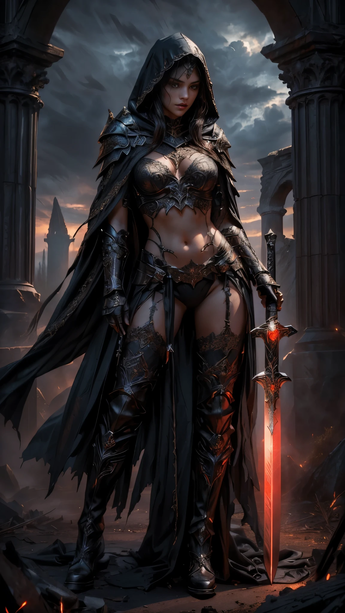 ((intricate details)),dark fantasy (/style/), gloomy atmosphere, (beautiful warrior girl, long hair), (sexy black lace outfit), (sexy expression) , vibrant colors, sharp focus, cinematic, (walking pose, dynamic pose), trending on artstation, (majestic oil painting by ed blinkey, atey ghailan, by jeremy mann, greg manchess),nsfw,style of ohwx, (Blonde hair swirling in the wind, beautiful symmetrical puffy eyes, high cheek bones, muted red lips), bloody green dented armor, Background active battle scene,