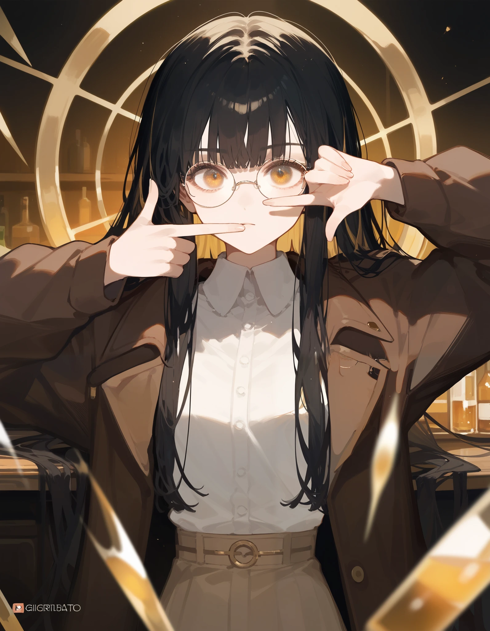 alone,girl, blonde hair ,Bangs,girlบาร์, ,Wear black round glasses,Long hair,Black hair ends, sitting in a bar , Brown Jacket ,In golden bronze eyes,Black hair ends,detective,finger frame pose, White Shirt