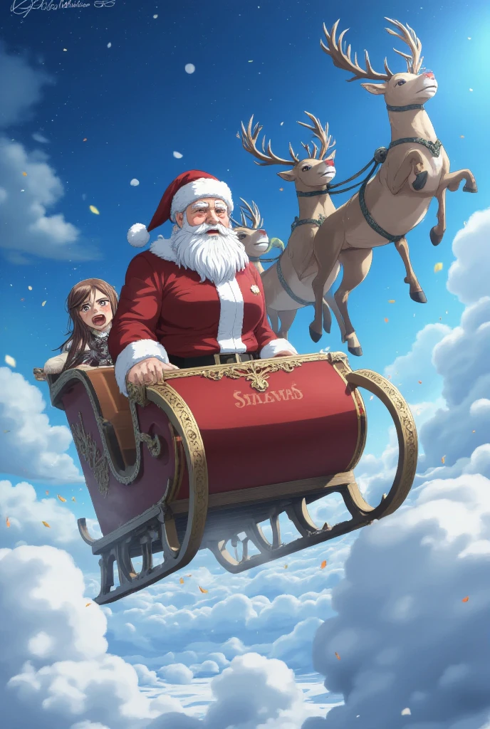 Santa Claus,Santa Claus flying amidst snowflakes in the sky, masterpiece,high quality,extremely detailed,