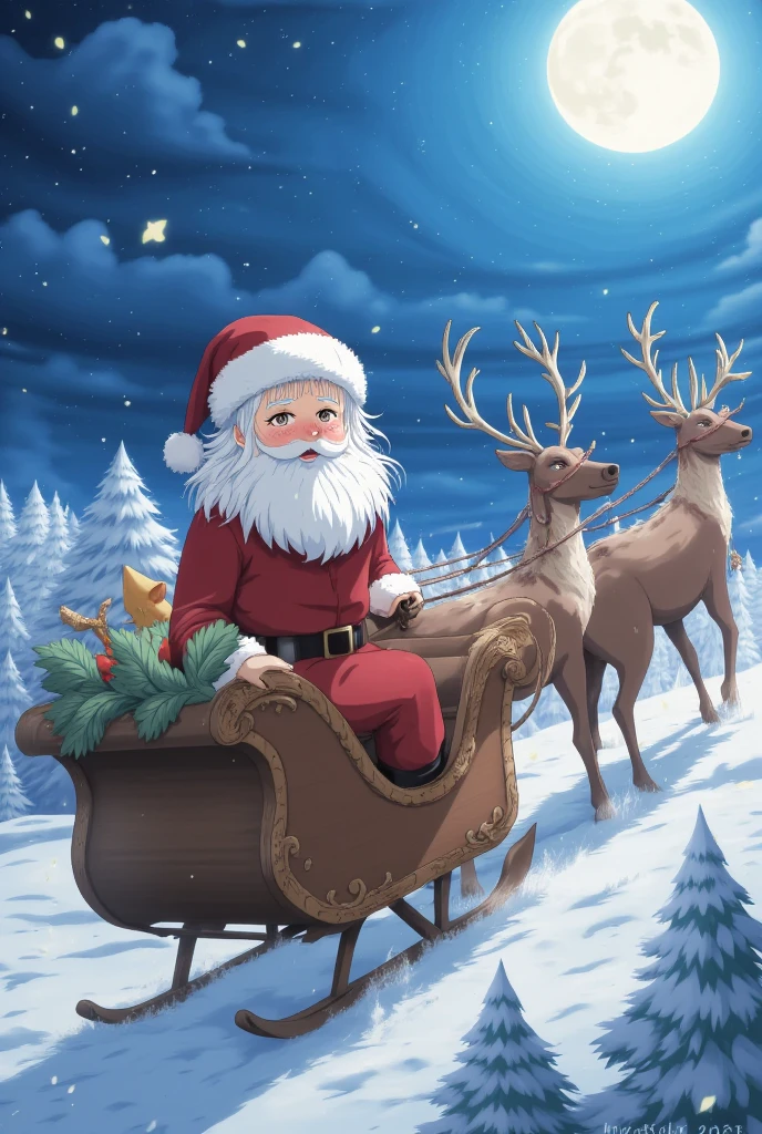 Santa Claus,Santa Claus flying amidst snowflakes in the sky, masterpiece,high quality,extremely detailed,