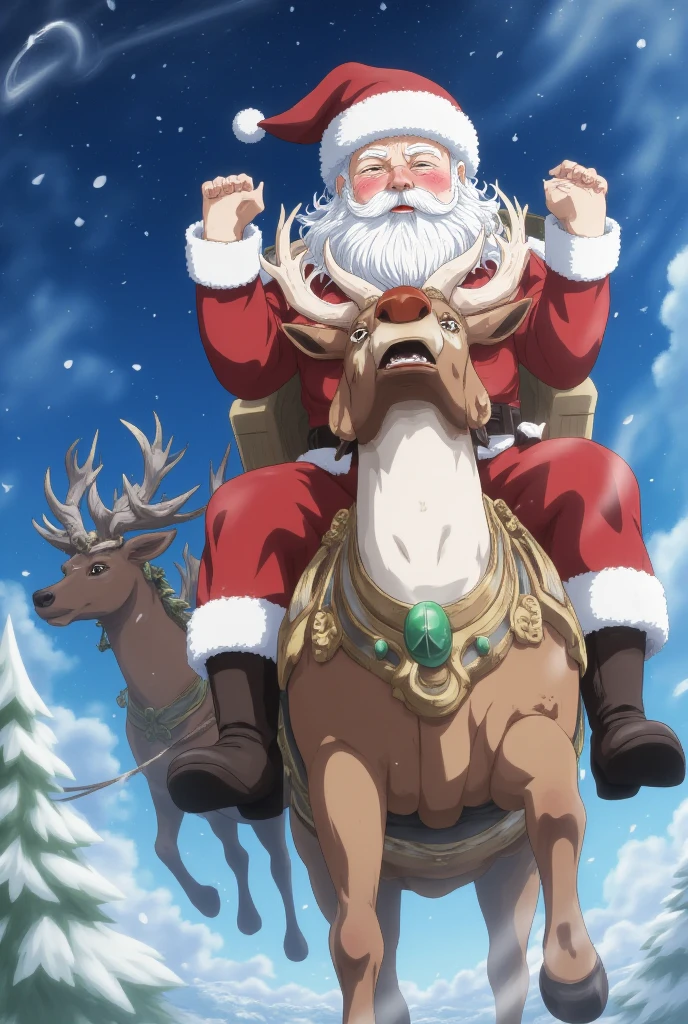 Santa Claus,Santa Claus flying amidst snowflakes in the sky, masterpiece,high quality,extremely detailed,