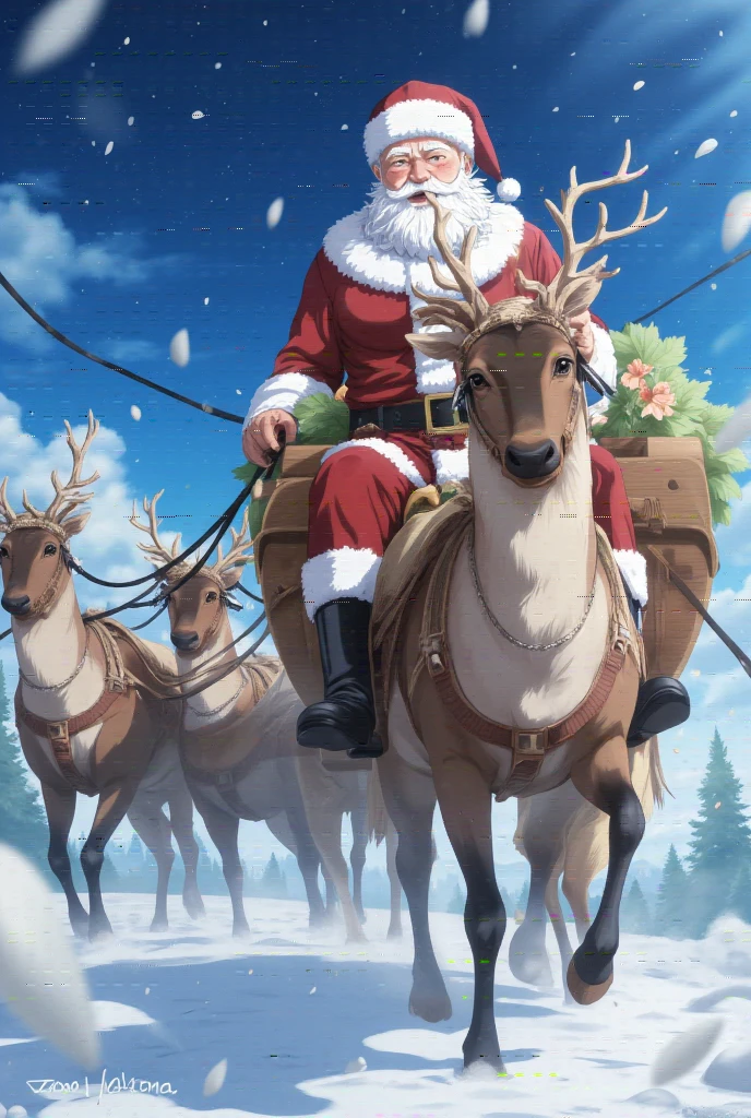 Santa Claus,Santa Claus flying amidst snowflakes in the sky, masterpiece,high quality,extremely detailed,