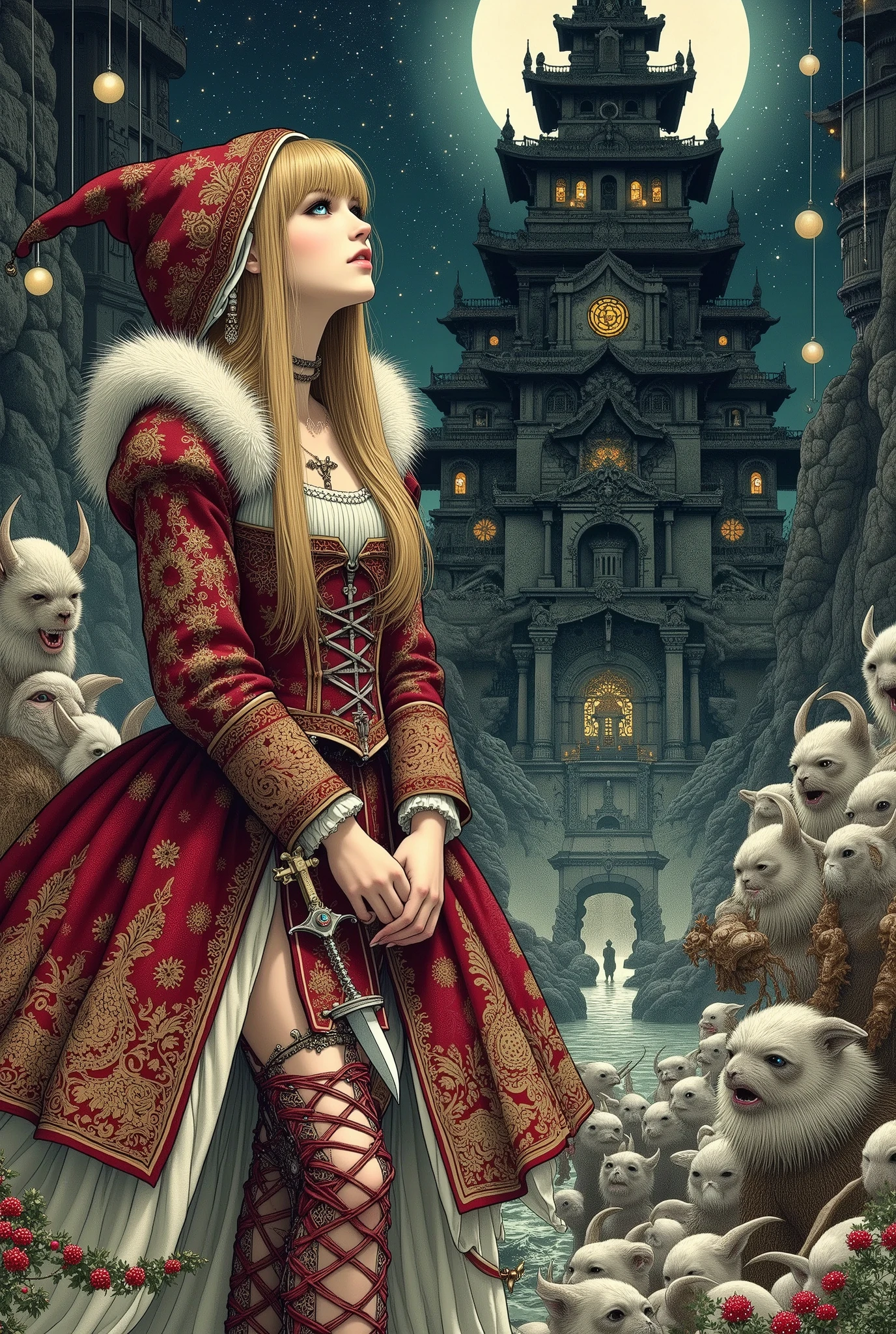 (Ultra-detailed face, Looking away, Fantasy Illustration with Gothic. Dark tone colors.), BREAK 
(Eladrin's female Santa Claus is touching her hair and looking up with sleepy eyes at the dark tower, a stepped structure like the ancient Mesopotamian temple called Ziggurat, where the monster Krampus lives. The dark tower absorbs light like a black hole and appears to be a shadow. In the center of the tower, a symbol like the eye of Freemasonry glows pale blue. From within the shadows, the eyes of many Krampus glow red.), BREAK 
(The young female Santa Claus of Eladrin has honey-colored hair and eyebrows, blunt bangs, waist-length flowing hair, pupil-less blue glowing eyes, small pink lips, light skin tone, and dark, thick eyeliner.), BREAK 
(Eladrin's female Santa Claus wears a red Santa Claus hat with a white bonbon. She wears a traditional medieval European-style mini Santa Claus dress of red lace fabric with white fur. She wears a corset around her waist with a curved dagger inserted into it. She wears red laced sandals with fur embellishments.), BREAK 
(It is a holy Christmas night. The female Santa Claus arrives at the Dark Tower on the Island of Darkness to defeat Krampus, a terrifying monster with goat-like horns and a fur-covered body.)