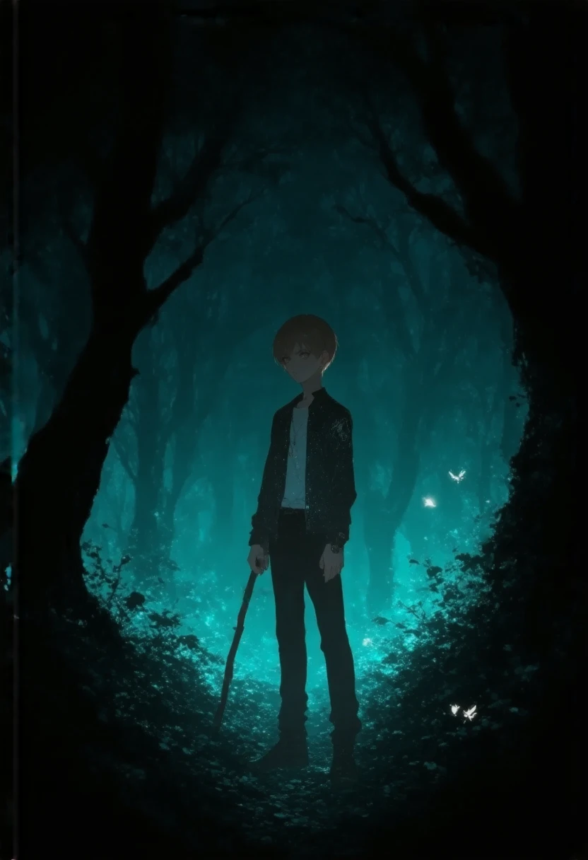 boy ,1boy, brown hair, fantasy theme, ultra detailed illustration, kawaii anime, ethereal atomosphere,,,,A young boy stands in a mystical forest, surrounded by glowing flowers and towering trees whose branches twist into impossible shapes. Perched beside him is a massive stag with golden antlers that shimmer with ethereal light. The boy holds a simple wooden staff glowing faintly at the tip, hinting at a hidden magical potential. Fireflies encircle them as the moonlight filters through the canopy, creating a serene and enchanting atmosphere remove the deer