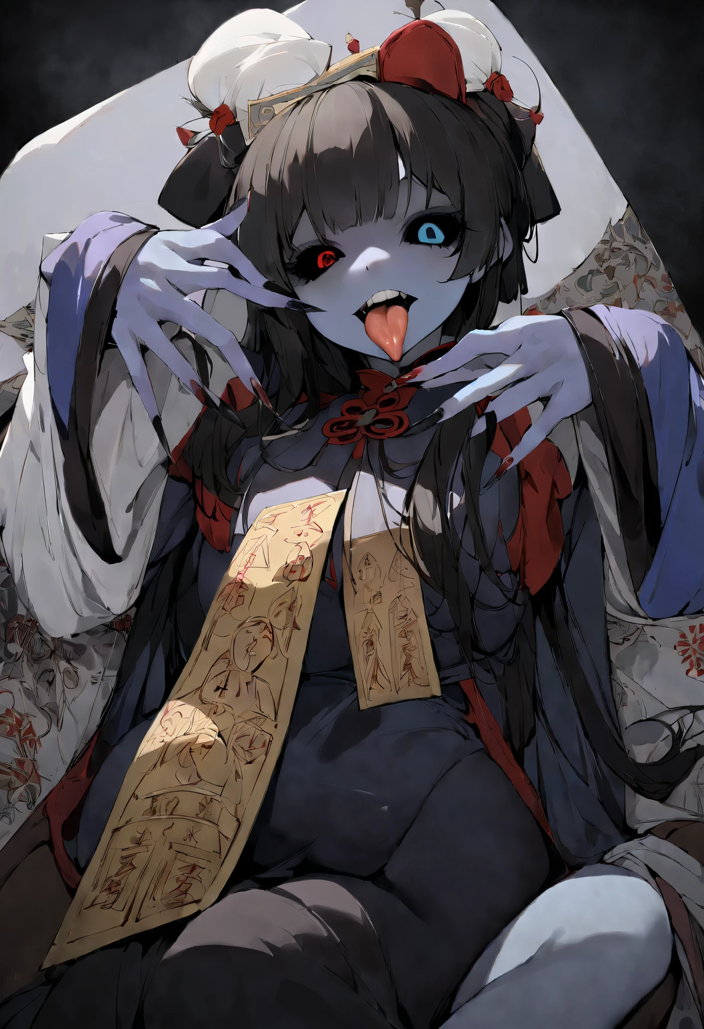 tongue sticking out, colored skin, zombie pose, black sclera, ofuda, long nails, sitting on a coffin, Qing Dynasty area, 1 girl, (best quality, super sharp, detailed),Sexy