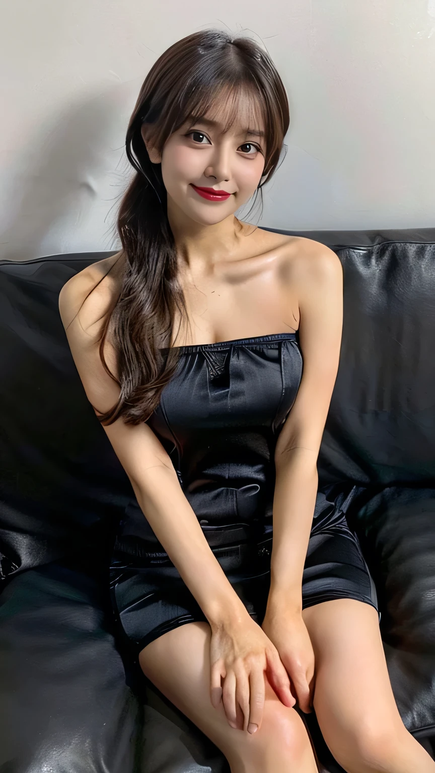  black ponytail,((black satin strapless bodycon dress)) , satin is very shiny  , ( beautiful girl: 1.3), 1 girl , top quality,8k, Highly Detailed CG Unit Wallpaper ,masterpiece:1.2, top quality, super high resolution , RAW photo, Realistic Skin , movie lighting, happy , big eyes, detail eyes, glossy lipstick , Completely-valid, beautiful ultra-high definition face ,( Sitting on the sofa with arms spread wide to the sides :1.2),smile,Your arms are spread wide to the side,( full body photo:1.8)