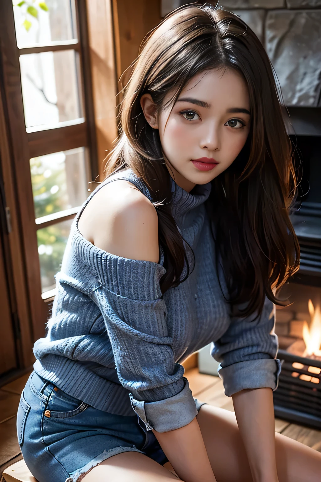 Non-NSFW、Real、Highest quality、Highest quality、masterpiece、Ultra-high resolution、RAW Photos、Real、Bright lighting、Face Light、Smooth Professional Lighting、Looking into the camera、alone、Adult women、Beautiful woman、Super Beauty、Realな肌、Moisturized Skin、Realな目と顔、Perfect model body、Beautiful Eyes、Big eyes、Inconspicuous tear bags、slim、No bra、Beautiful fingers、Very long hair、Beautiful, saturated photography by Emily Soto, clavicle, (mature:1.3), Highest quality, Humidity, attractive,skinny, smile, no_panties, Large Breasts, (masterpiece),(Highest quality), Nipples, ((photoRealistic)), (rain black hair), (Waist-length hair:1.5), Small Ass, Gray background, lips, Realistic, Königsreuter, (Cropped knit sweater:1.5), (Denim shorts:1.4), (white thighhighs:1.2), (from above:1.1)