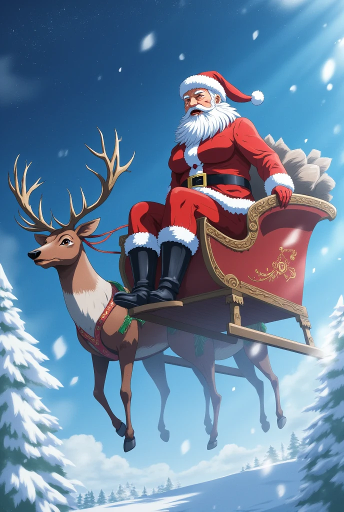 Santa Claus,Santa Claus flying amidst snowflakes in the sky, masterpiece,high quality,extremely detailed,