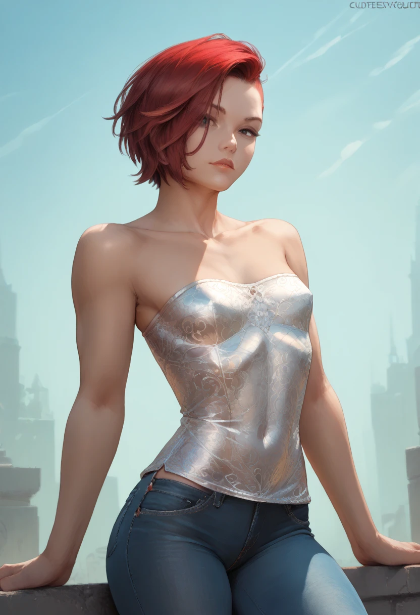 (best quality, ultra-detailed, photorealistic: 1.39), bright and vibrant colors, studio lighting, romantic expression, short jeans, strapless dress, undercut platinum bobcut, red hair, small breasts, fit, short hair, mercenary