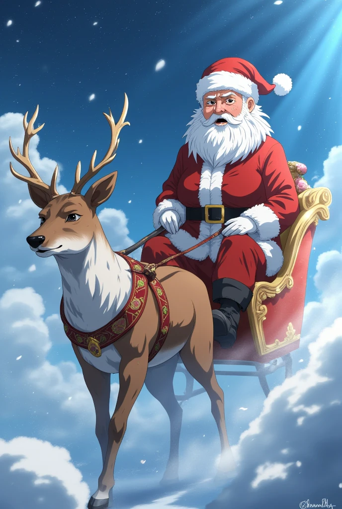 Santa Claus,Santa Claus flying amidst snowflakes in the sky, masterpiece,high quality,extremely detailed,