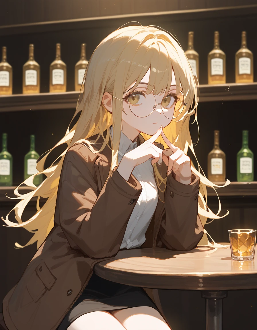 alone,girl, blonde hair ,Bangs,girlบาร์, ,Wear black round glasses,Long hair,Black hair ends, sitting in a bar , Brown Jacket ,In golden bronze eyes,Black hair ends,detective, White Shirt, finger together post