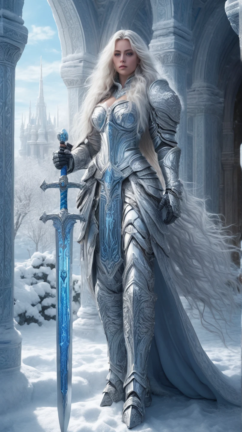  better quality , fantasy,  cinematic image ,  detailed image,  Detailed body ,  detailed face ,  detailed beautiful blue eyes, very long fluffy white hair ,  long fluffy eyelashes ,  pretty girl ,  paladin knight , full knight armor ,  holds an icy two-handed sword,  proud look ,  full length, winter, ice palace , snowfall 