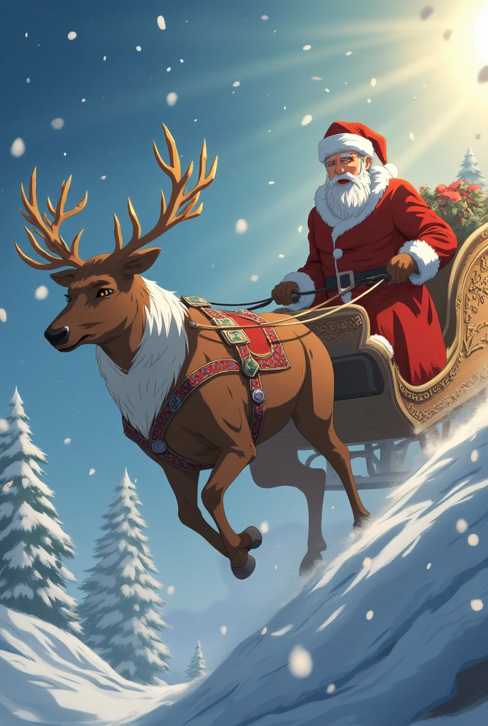 Santa Claus,Santa Claus flying amidst snowflakes in the sky, masterpiece,high quality,extremely detailed,