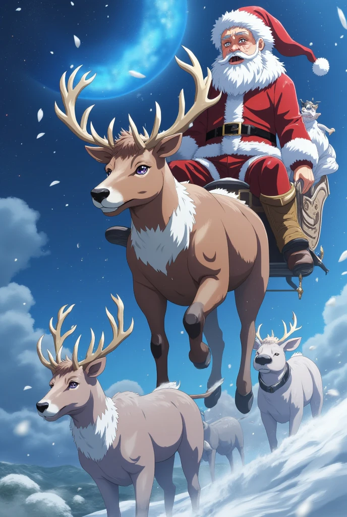 Santa Claus,Santa Claus flying amidst snowflakes in the sky, masterpiece,high quality,extremely detailed,