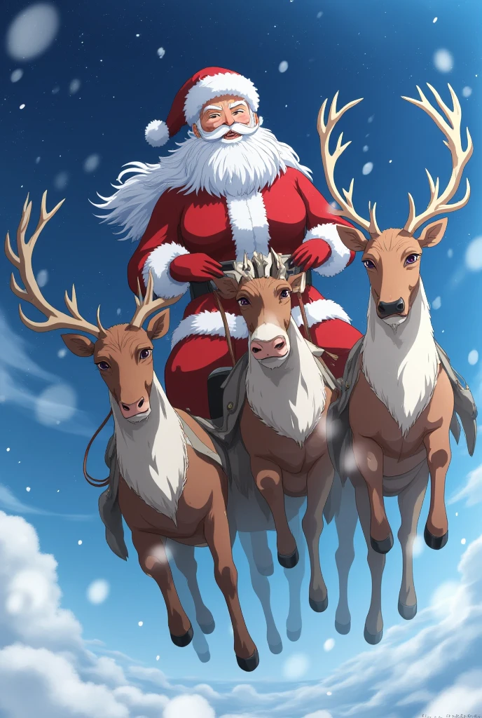 Santa Claus,Santa Claus flying amidst snowflakes in the sky, masterpiece,high quality,extremely detailed,