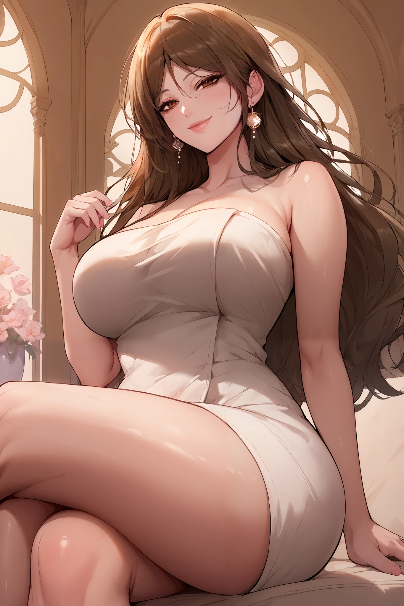 Score_9, Score_8_up, Score_7_up, Score_6_up, Score_5_up, Score_4_up, Source_anime, Tag1, Tag2, Quality_masterpiece, Anatomically correct, Detailed skin, Wide hips, Huge butt, big butt, Thick thighs, Mature female, motherly face, elegant, detailed eyes, seductive, sexy setup, sexy body, seductive, naughty smirk, milf, motherly look, seductive look, seductive eyes, naughty face, light smile, 1girl, large breasts, breasts, mother hari, mommy, brown eyes, brown hair, long hair, large breasts, 1girl, naked towel, long hair, large breasts, crossed legs,