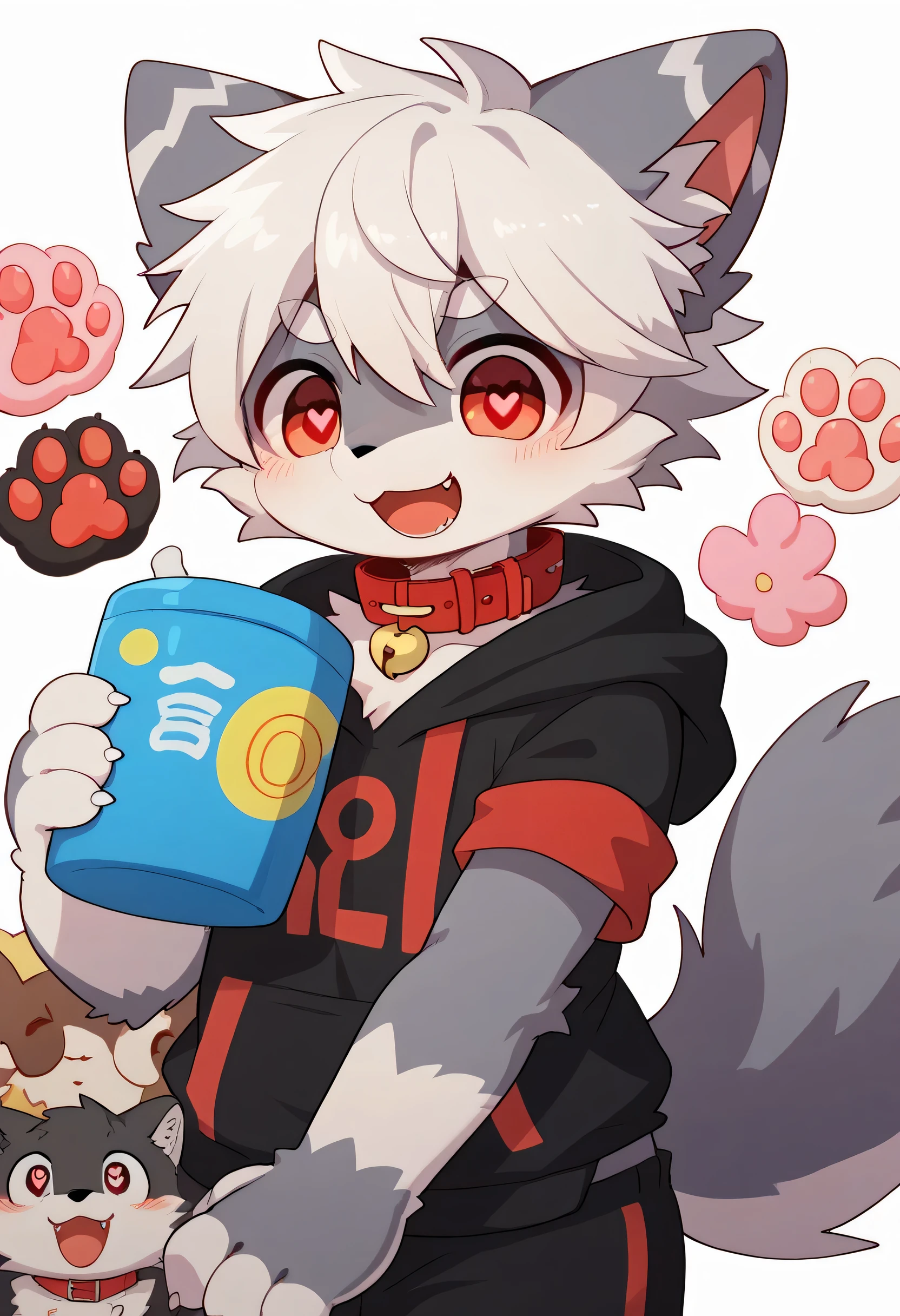   very detailed bustな,  very detailed bust, gray fur white hair ,Age 15,male,  excited to see bones  , Wolf pelt, excited,participate,  cute face,  something like fluffy fur ,Horny maleの子,Red collar,Cute ears ,Fluffy ears ,Fluffy ears , show me your legs , show me paws , Red collarと紐を持っている, Red collarと紐を持っている, cute fur maleの子 , maleの子,  heart eyes ,Horny maleの子 , Black Back ,White background, blush nose ,Alone,Dropped ears,  black shorts,  black short sleeve hoodie 