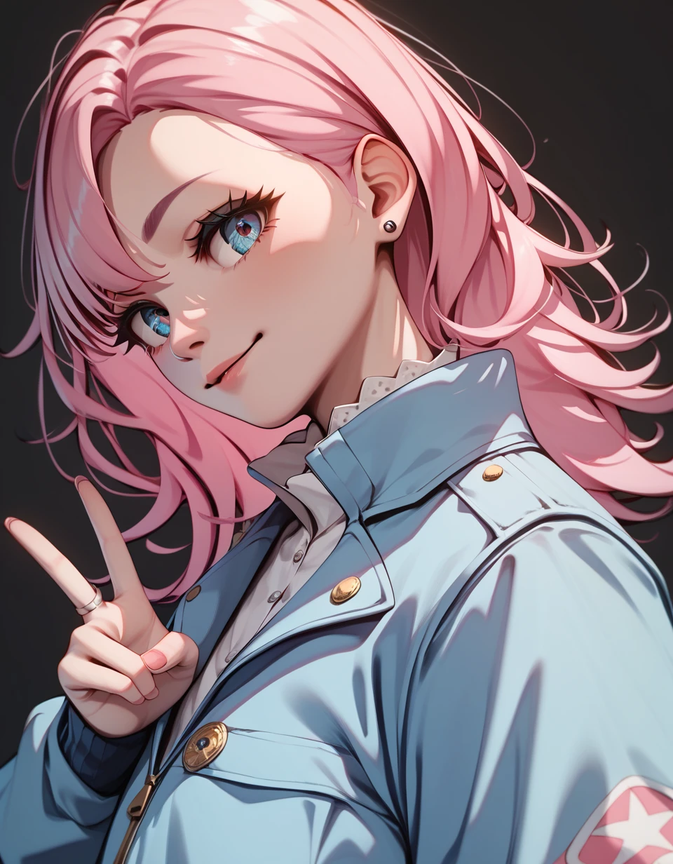 Anime Face、 1 girl , Alone , hadehearthairring ,  , Anime , v  ,  High Quality  ,  ultra detailed  , 4K,  high definition  ,  black background ,  long pink hair   ,  blue jacket 