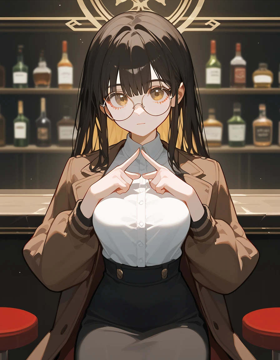 alone,girl,Black blonde hair,Bangs,girlบาร์, ,Wear black round glasses,Long hair,Black hair ends, sitting in a bar , Brown Jacket ,In golden bronze eyes,Black hair ends,detective, White Shirt, finger together post