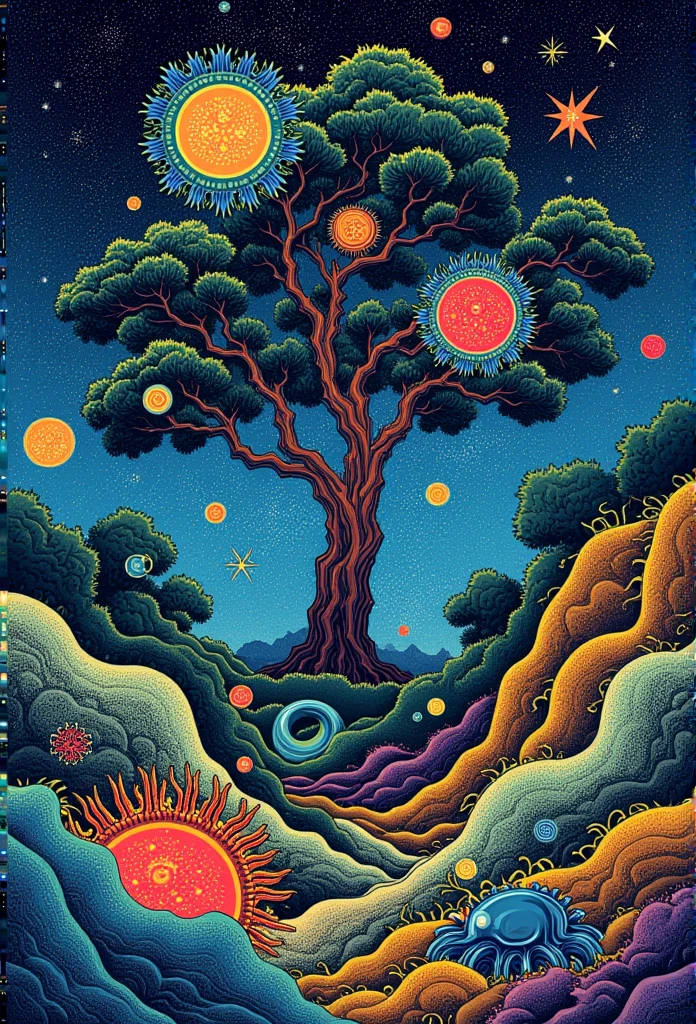 Hokusai ukiyo-e style ,  a vibrant microscopic landscape from another world ,  with cells and molecules interacting in a dance of life,  mysterious and thick forest with huge tree in the center, dynamic and detailed style 88k ) (hdr)