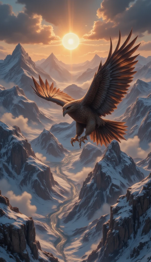 masterpiece, 8k, HDR, 3 D, best quality, photography, analog style, real life, extremely beautiful, (highly detailed, intricately detailed), an image of a majestic falcon soaring through the skies. From high above, you observe the world below you with keen eyes. As you glide on the air currents, (Flying higher, you reach the mountains, their snow-capped peaks sparkling in the sun, and streams meandering like silver threads through the valleys), The air is fresh and fills you with a sense of absolute freedom as you explore every corner of your vast domain from above. The landscape changes with every wingbeat, revealing new natural wonders that only you can see from this unique perspective, sun sunrise
