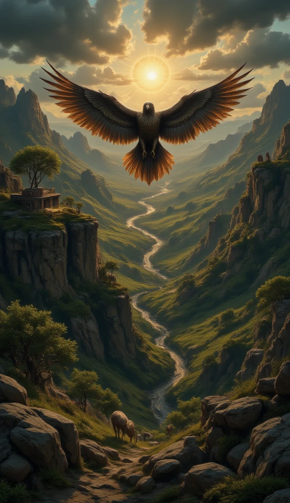 masterpiece, 8k, HDR, 3 D, best quality, photography, analog style, real life, extremely beautiful, (highly detailed, intricately detailed), an image of a majestic falcon soaring through the skies. From high above, you observe the world below you with keen eyes. As you glide on the air currents, (Up ahead, a dense forest stretches out, with trees gently swaying in the wind, and you see small clearings where deer peacefully graze), The air is fresh and fills you with a sense of absolute freedom as you explore every corner of your vast domain from above. The landscape changes with every wingbeat, revealing new natural wonders that only you can see from this unique perspective, sun sunrise
