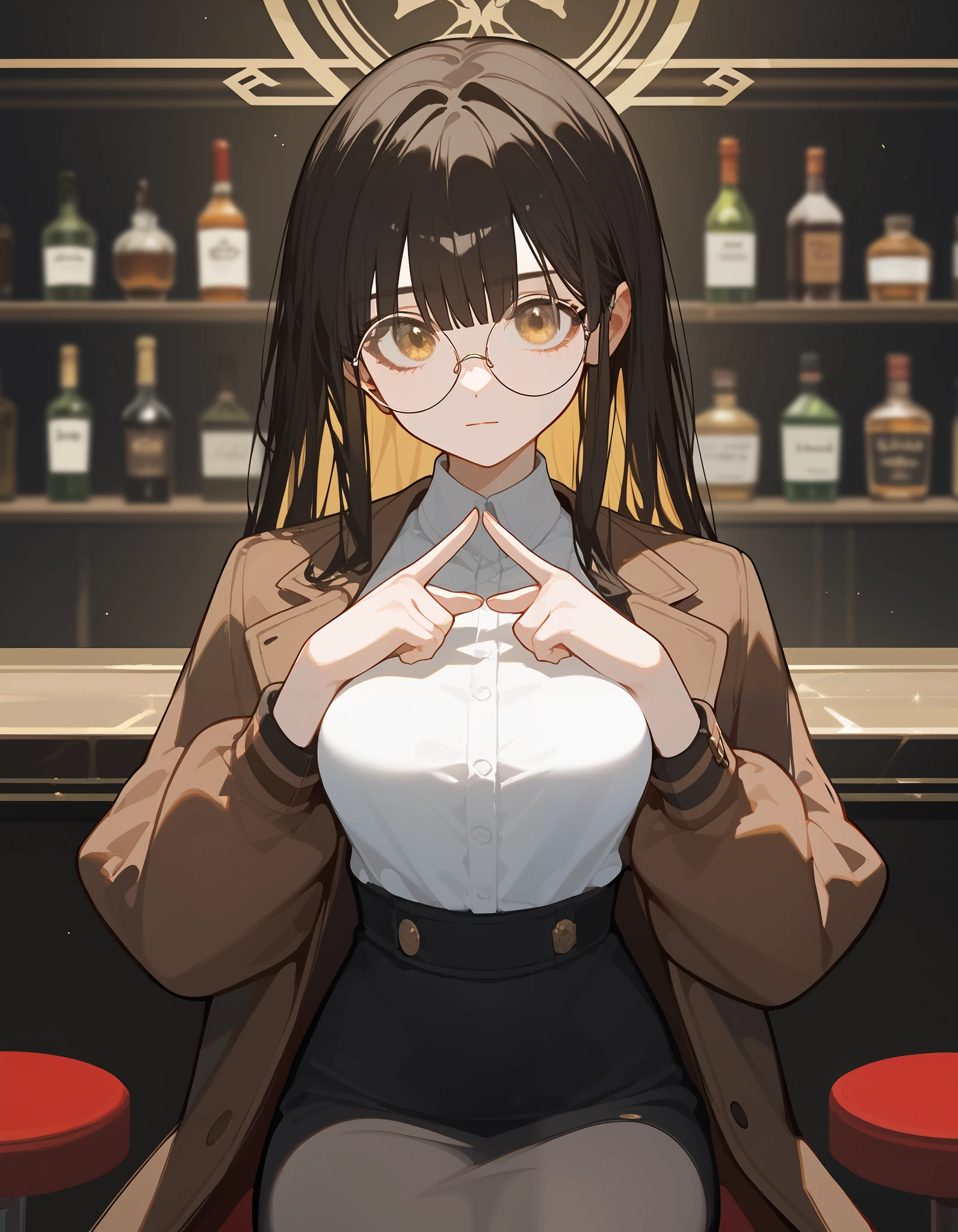 alone,girl,Black blonde hair,Bangs,girlบาร์, ,Wear black round glasses,Long hair,Black hair ends, sitting in a bar , Brown Jacket ,In golden bronze eyes,Black hair ends,detective, White Shirt, finger together post