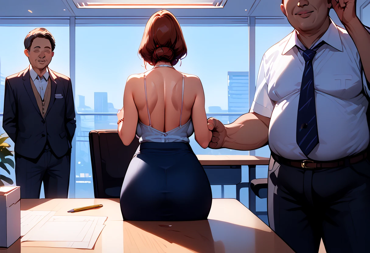 high resolution, Best Quality, uncensored, decensored, from_behind, 1 Girl, milf, Sending off, sleeveless_shirt, pencil_skirt, large breast, backboob, office, 1 boy, faceless male, fat man, stealth ass grab, multiple_boys, business_suit