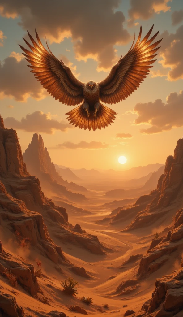 masterpiece, 8k, HDR, 3 D, best quality, photography, analog style, real life, extremely beautiful, (highly detailed, intricately detailed), an image of a majestic falcon soaring through the skies. From high above, you observe the world below you with keen eyes. As you glide on the air currents, (is located in the heart of a vast and pristine desert, where civilization seems to have never arrived. The wild oasis has not been invaded by civilization, the ground is covered by sand and the air is warm, prickly pears, small flowers, dunes, absolute solitude, you feel a deep connection with nature, as if everything were part of this vast ecosystem. Time seems to have stopped as you feel the wind blowing from the desert and see the untouched beauty of what surrounds you, sun rising), The air is fresh and fills you with a sense of absolute freedom as you explore every corner of your vast domain from above. The landscape changes with every wingbeat, revealing new natural wonders that only you can see from this unique perspective, sun sunrise
