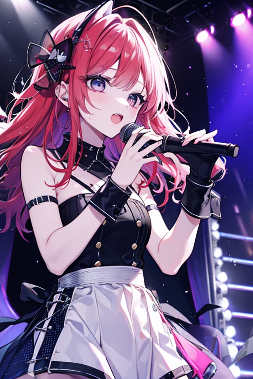 masterpiece, best quality, lsn\(shadowverse\), 1girl, solo, blue eyes, thighhighs, long hair, gloves, skirt, black thighhighs,stage, microphone, looking at viewer, hand on hip, hairband, black gloves, red hair, holding, orange hair, sleeveless, lsn_normal
