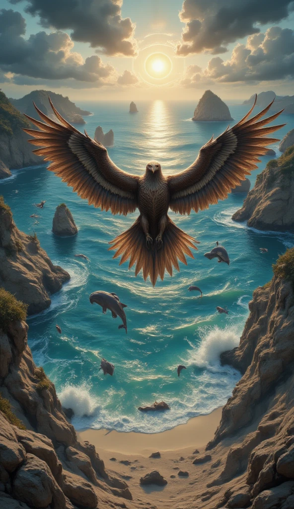 masterpiece, 8k, HDR, 3 D, best quality, photography, analog style, real life, extremely beautiful, (highly detailed, intricately detailed), an image of a majestic falcon soaring through the skies. From high above, you observe the world below you with keen eyes. As you glide on the air currents, ( you see vast seas with immense beaches with sand dunes, waves, jumping dolphins, the sea changes color according to its depth, from turquoise to intense blue, deserted islands), The air is fresh and fills you with a sense of absolute freedom as you explore every corner of your vast domain from above. The landscape changes with every wingbeat, revealing new natural wonders that only you can see from this unique perspective, sun sunrise
