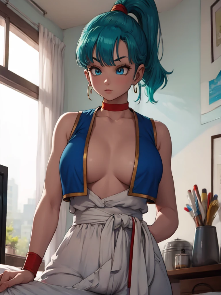 1girl, masterpiece, best_quality:0.5, highres, 4K image, (incredible_details:0.7), absurdes, ((cowboy_angle_shot:0.4)), sharpen image, bulma, 1girl, solo, blue eyes, blue hair, aqua hair, bangs, hair, high ponytail, earrings, arabian clothes, white shirt, blue vest, white pants, baggy pants, red sash, bare shoulders, sleeveless, (deep cleavage), yellow choker, wristband, neck ring, perfect tits, perfect body, in a bedroom, perfect lighting, large breasts,