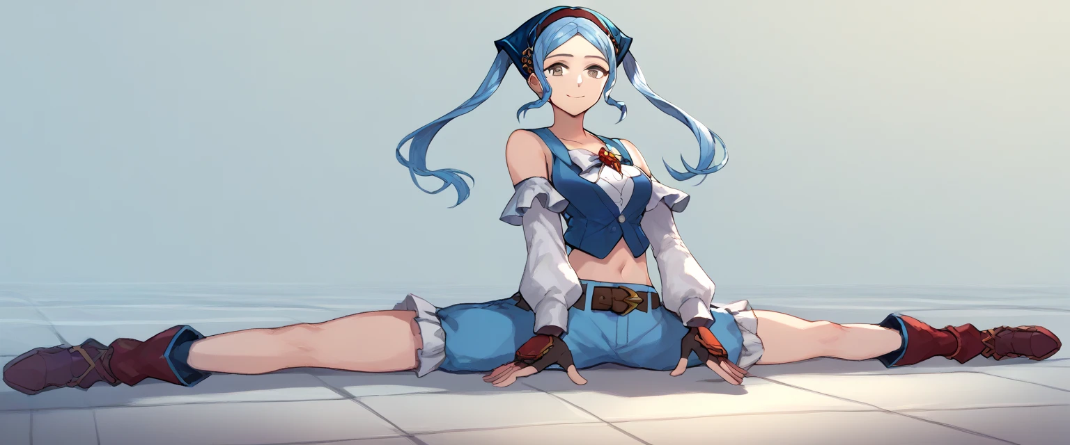 in the grassland, 1girl, solo, flrpcnc, grey eyes, blue hair, long hair, twintails, bandana, breasts, white bow, blue vest, detached sleeves, long sleeves, white sleeves, bare shoulders, fingerless gloves, blue gloves, belt, blue shorts, Sitting, On the floor, Split Horizon, stretch, horizontal splits, stretch regs, hands on floor, seductive smile